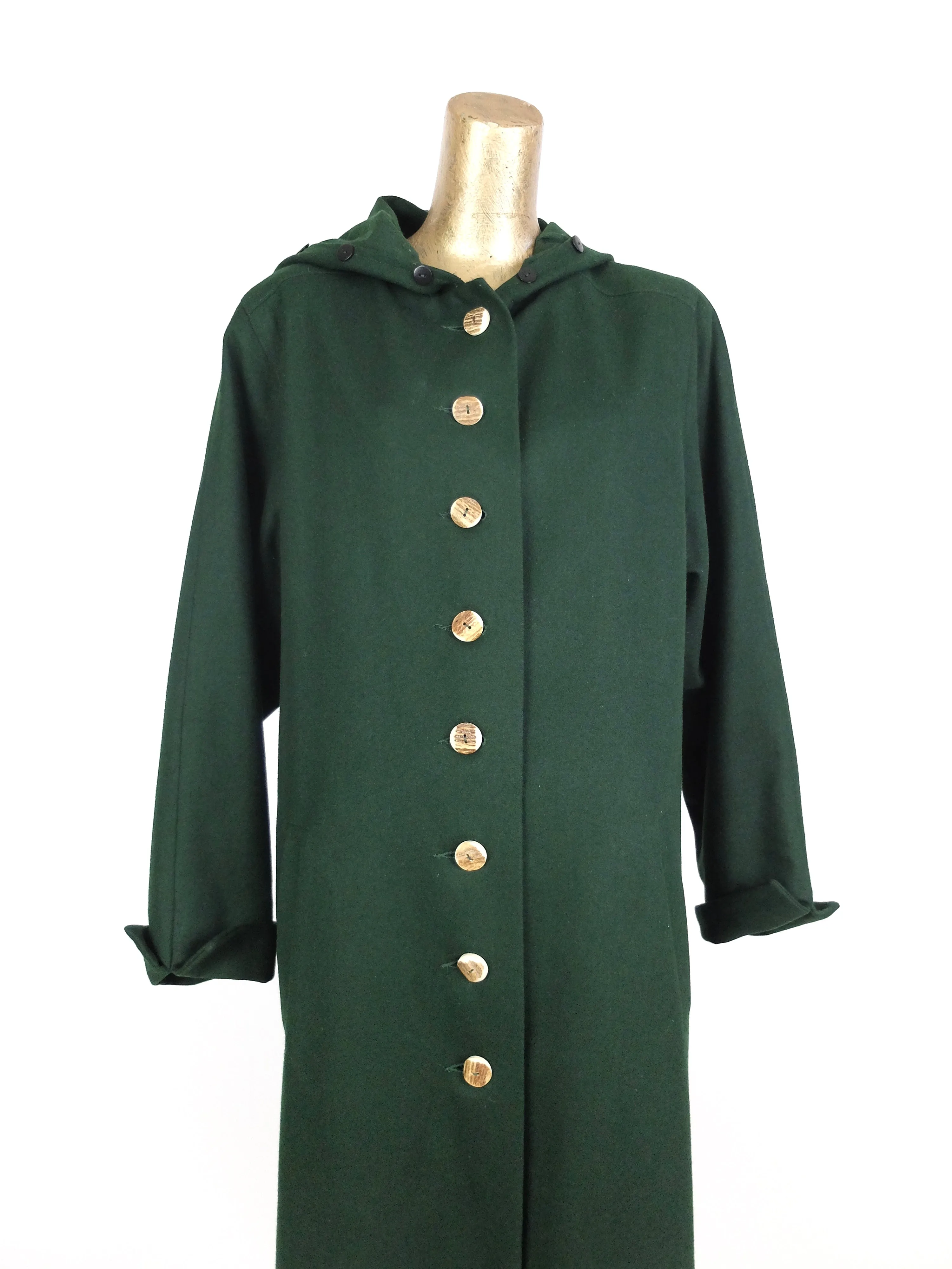 60s Pixie Forest Green German Tracht Traditional Folk Hooded Long Winter Trench Coat