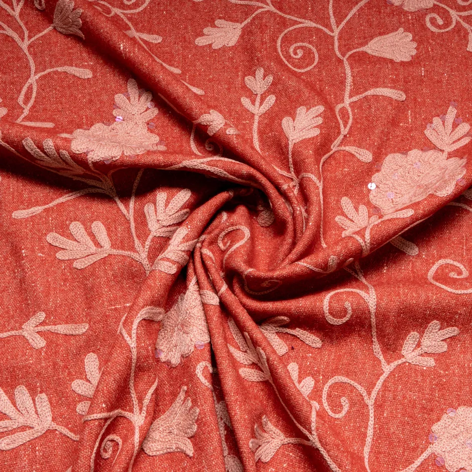 Deep Coral Floral Embroidered Wool