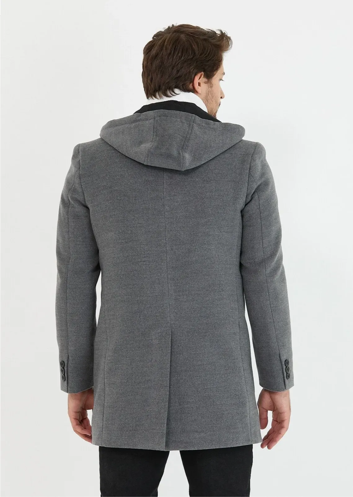 [Drew] Charcoal Grey Single-Breasted Pea Coat with Removable Hood –100% Wool