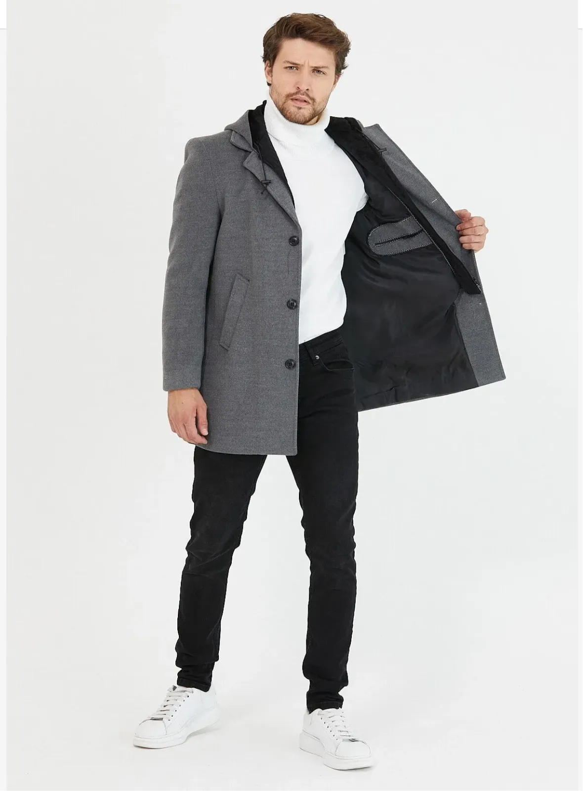 [Drew] Charcoal Grey Single-Breasted Pea Coat with Removable Hood –100% Wool