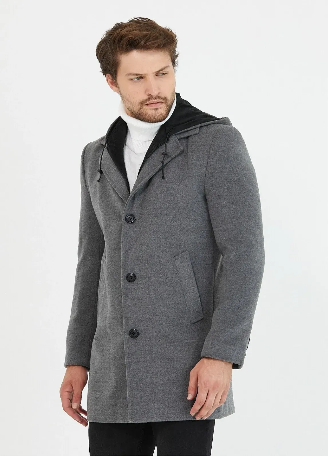 [Drew] Charcoal Grey Single-Breasted Pea Coat with Removable Hood –100% Wool