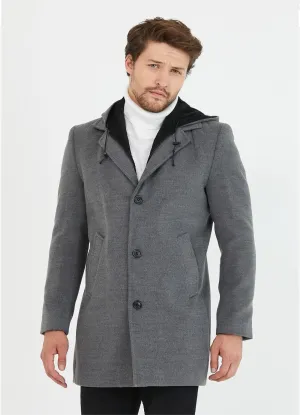 [Drew] Charcoal Grey Single-Breasted Pea Coat with Removable Hood –100% Wool