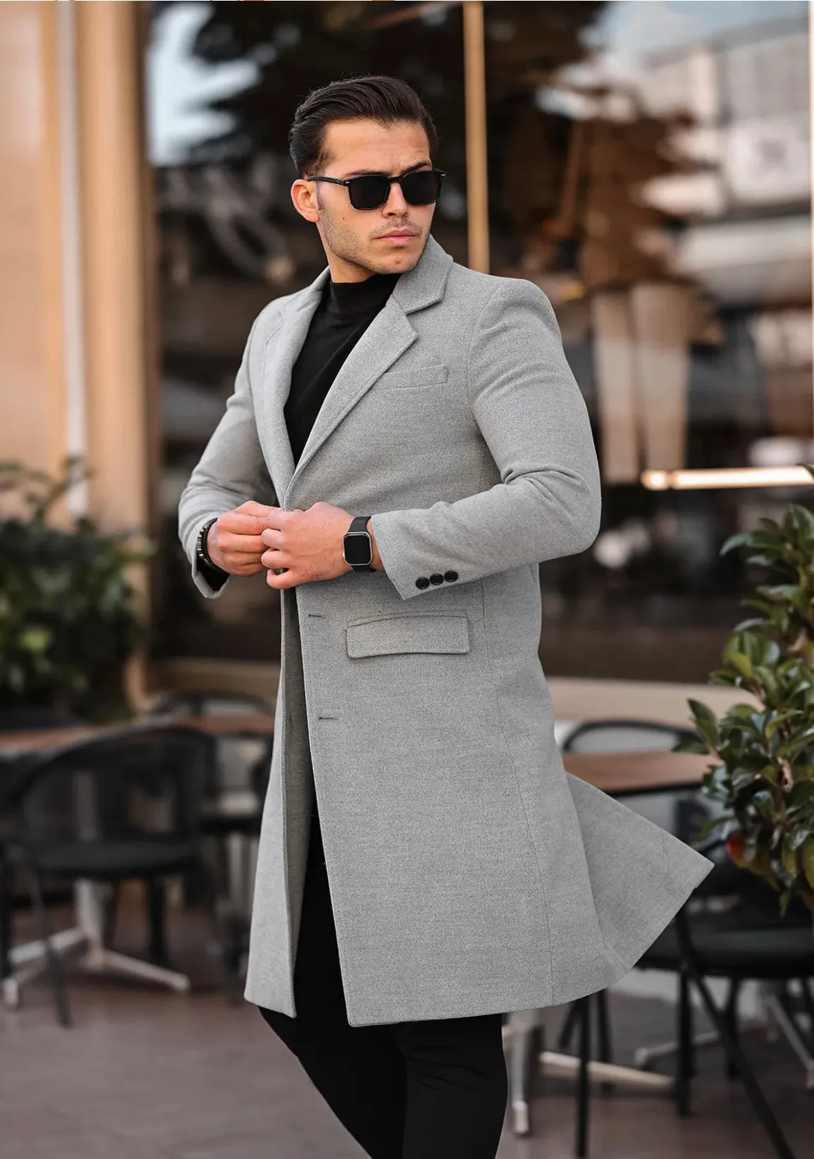 [John Shay] Light Grey Long Single-Breasted Pea Coat --100% Wool