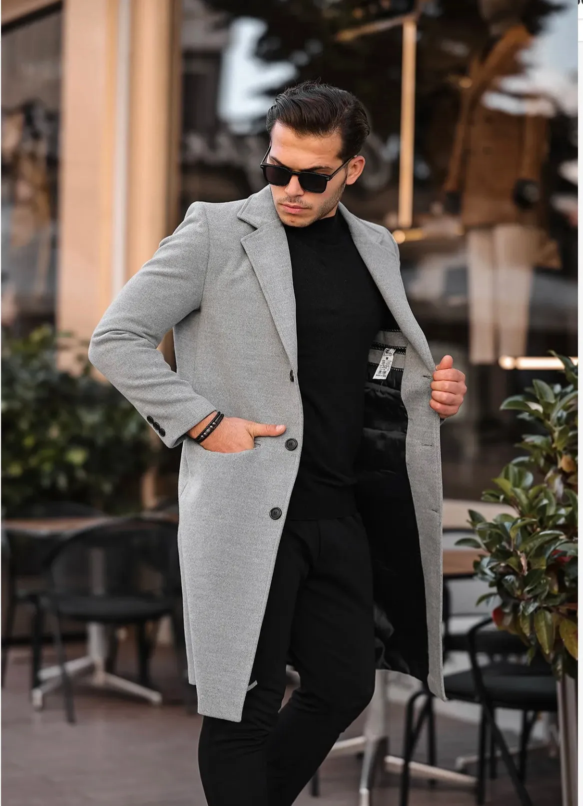 [John Shay] Light Grey Long Single-Breasted Pea Coat --100% Wool