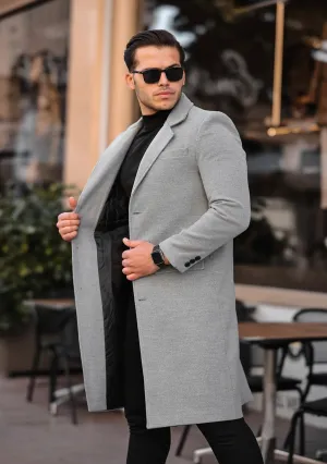 [John Shay] Light Grey Long Single-Breasted Pea Coat --100% Wool