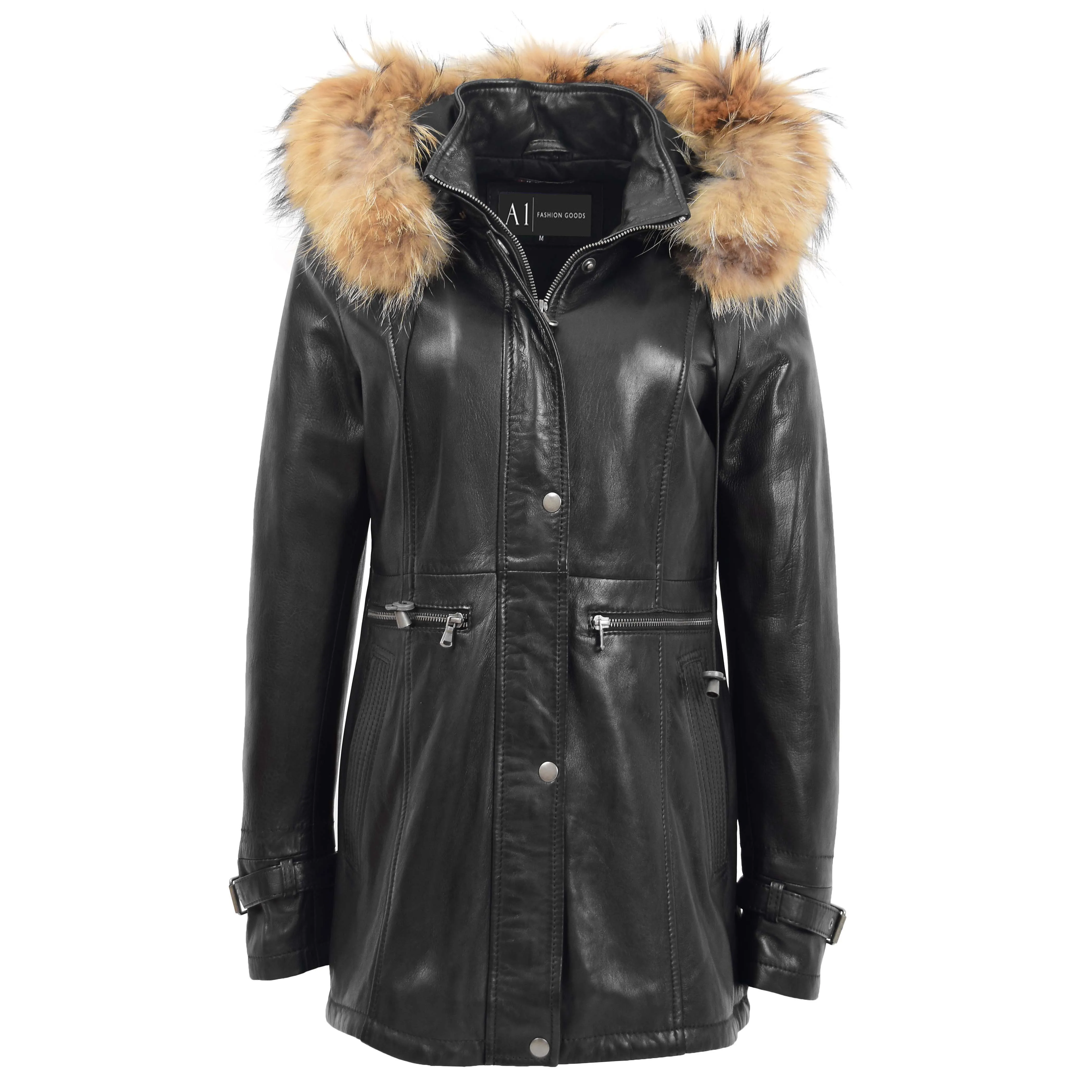 Ladies Genuine Black Leather Duffle Coat Removable Hood Parka Jacket Patty