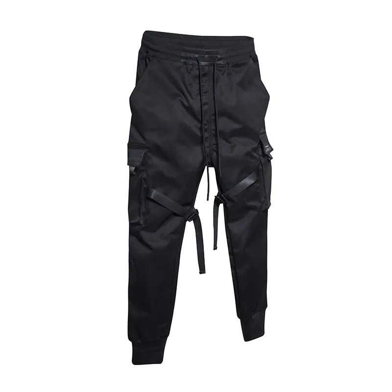 Men Ribbons  Block Black Pocket Cargo Pants