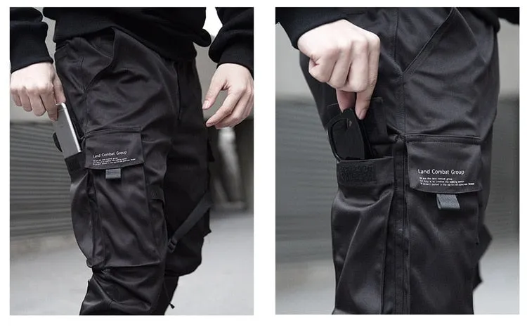 Men Ribbons  Block Black Pocket Cargo Pants