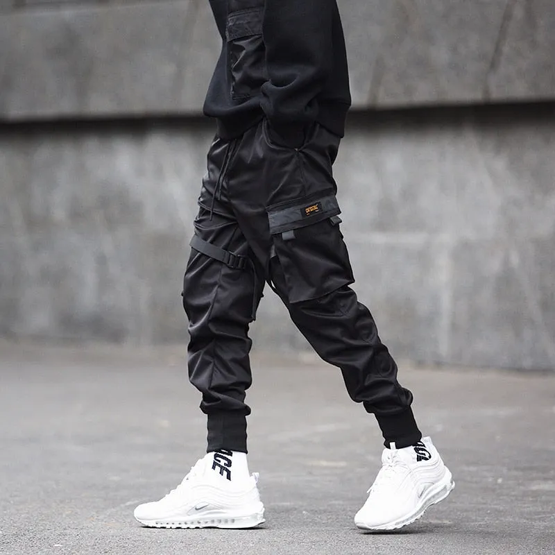 Men Ribbons  Block Black Pocket Cargo Pants