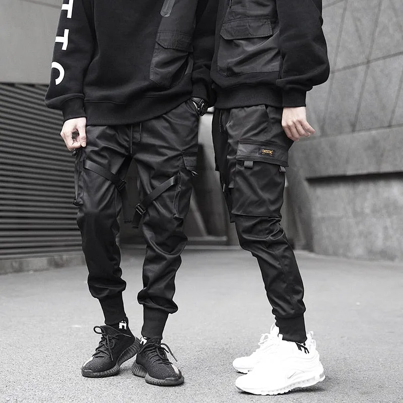 Men Ribbons  Block Black Pocket Cargo Pants