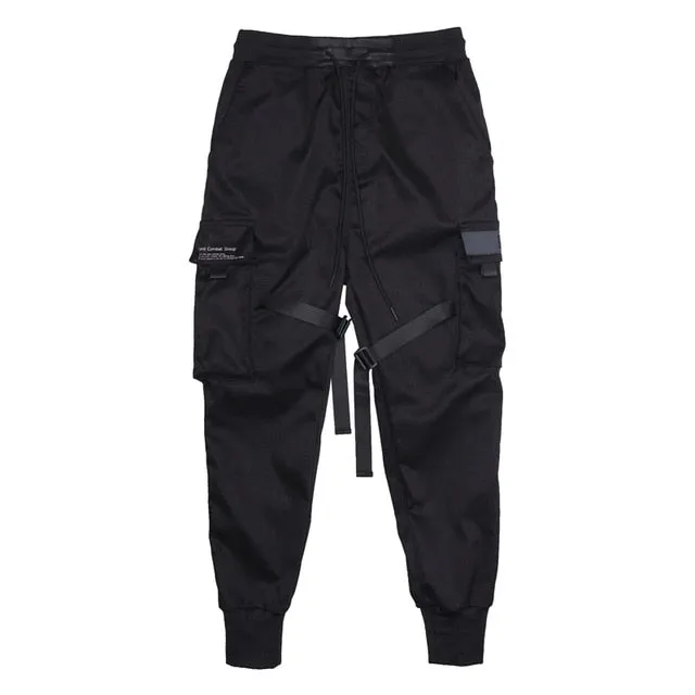 Men Ribbons  Block Black Pocket Cargo Pants