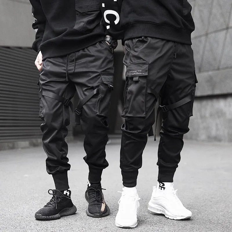 Men Ribbons  Block Black Pocket Cargo Pants