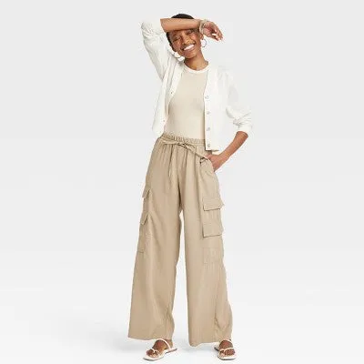 New - A New Day Women's High Rise Wide Leg Classic Fit Full Cargo Pants Midweight