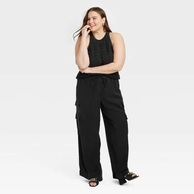 New - A New Day Women's High Rise Wide Leg Classic Fit Full Cargo Pants Midweight