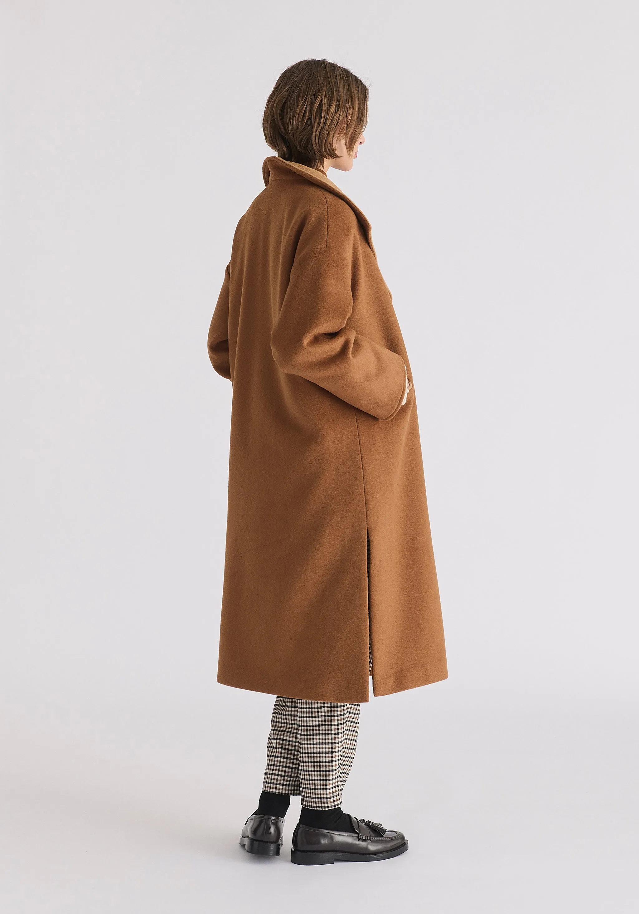 Two-Tone Double Breasted Wool Blend Coat