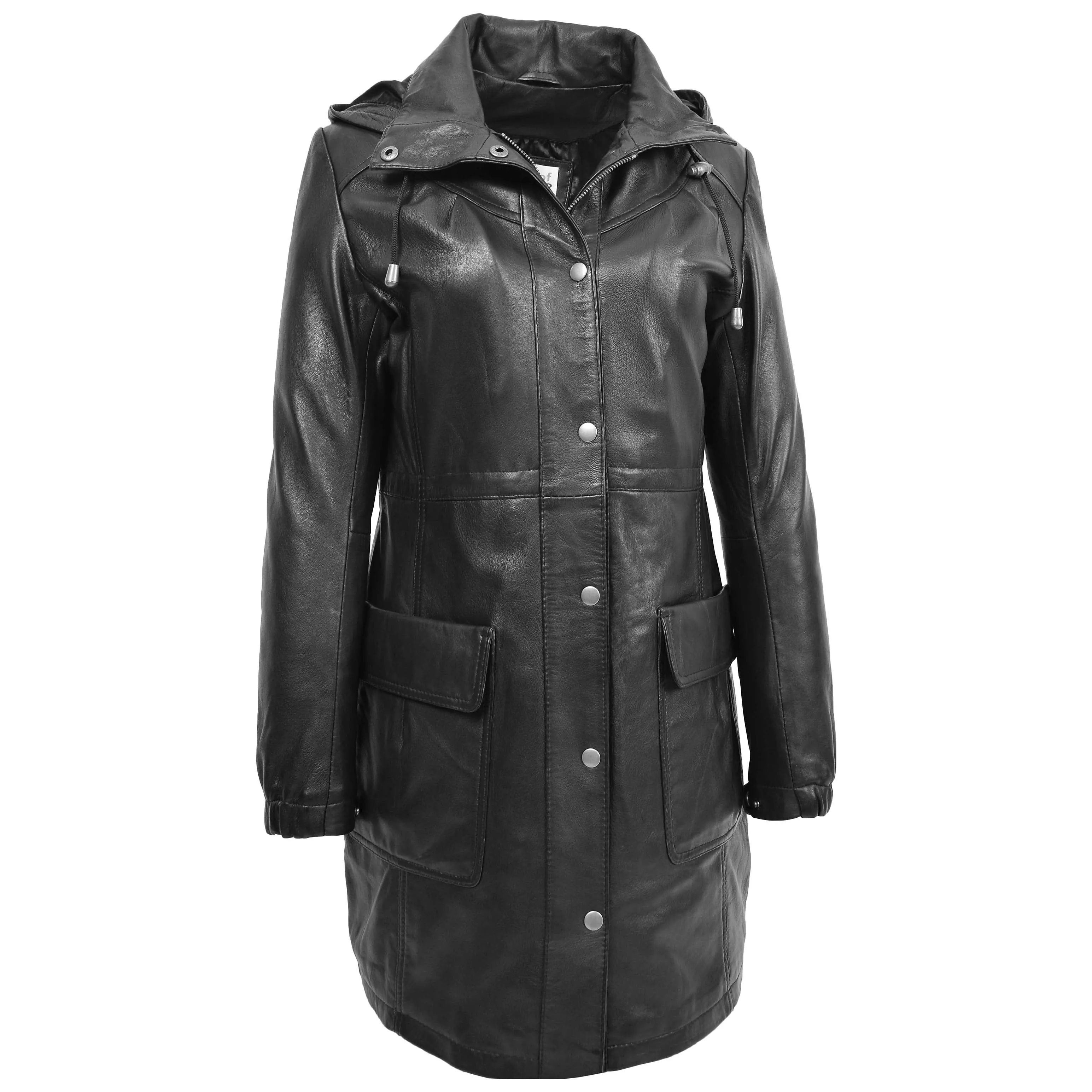 Womens 3/4 Length Leather Duffle Coat Kyra Black