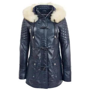 Womens Original Duffle Style Leather Coat Ariel Blue