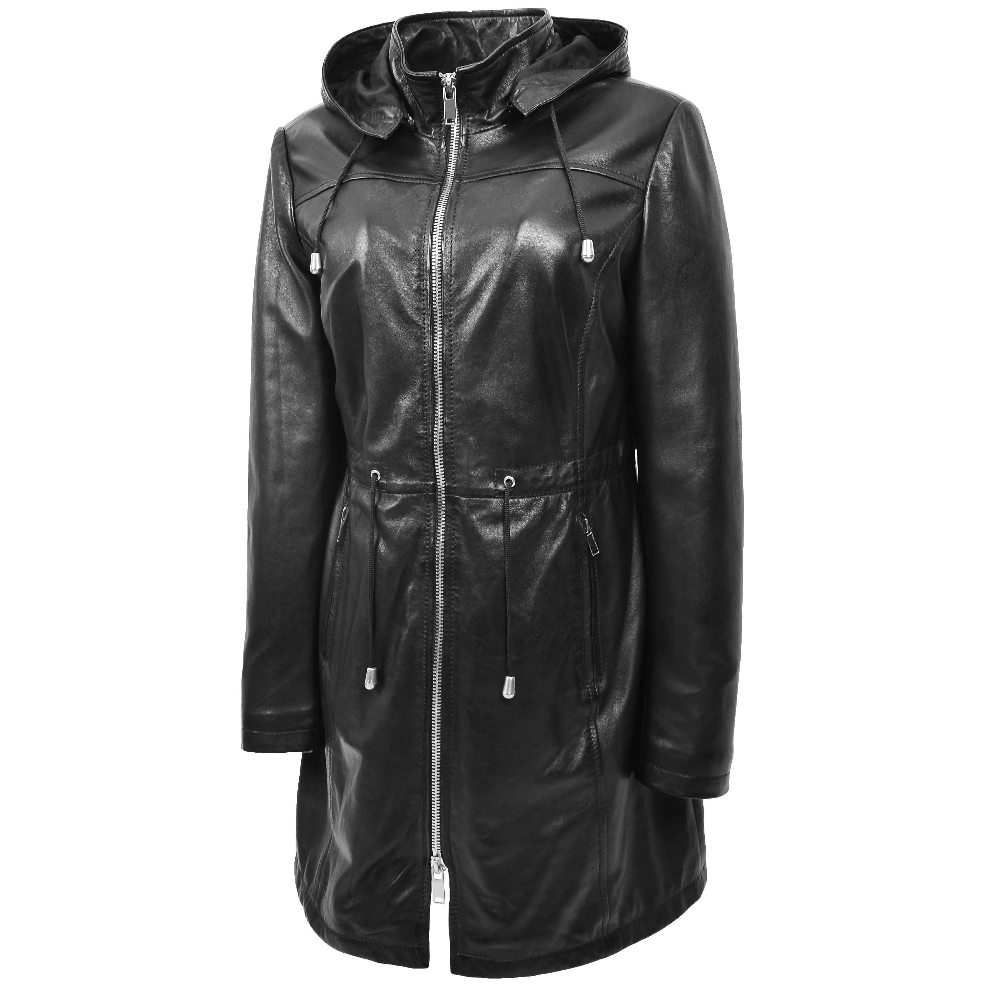 Womens Real Leather Hooded Parka Coat Tyra Black