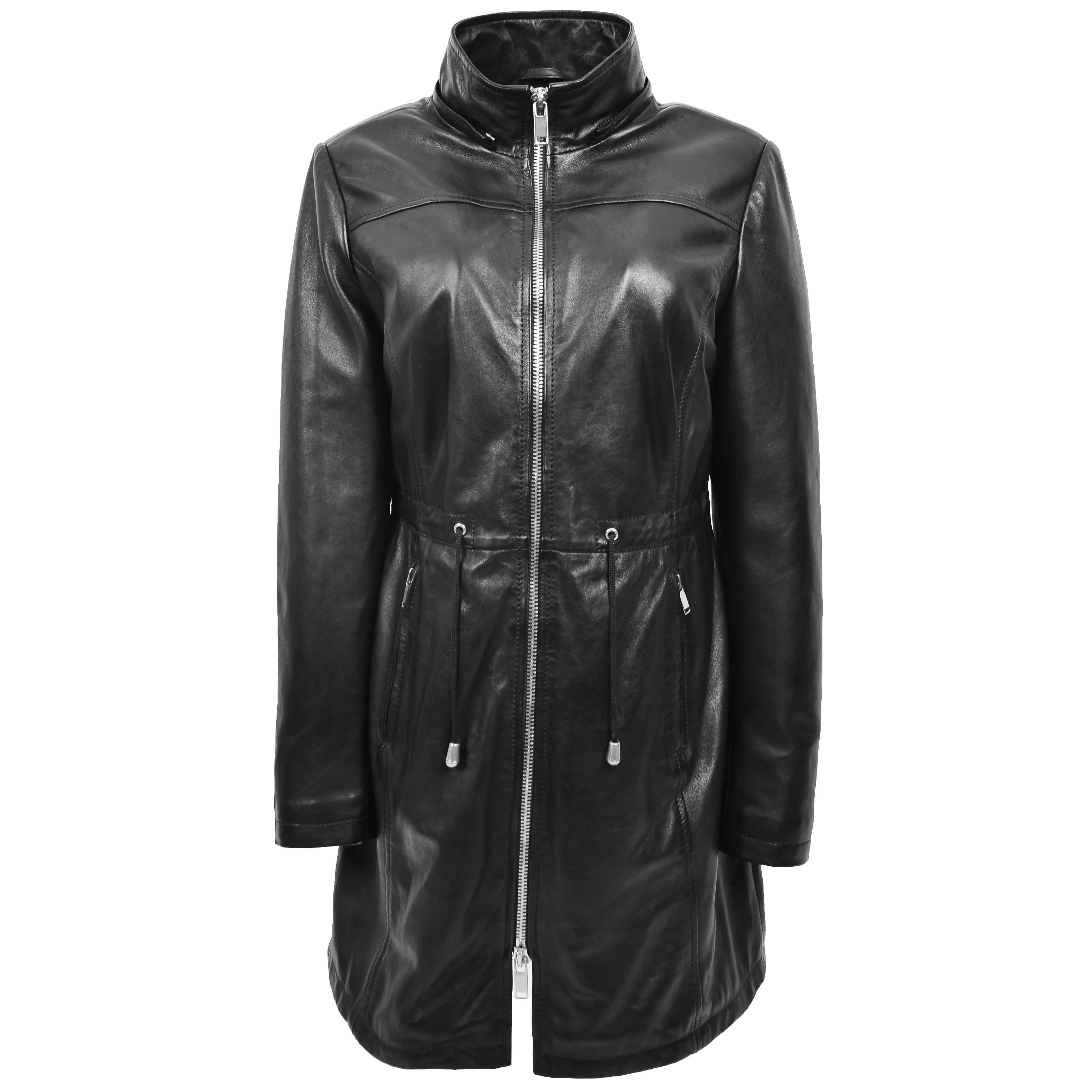 Womens Real Leather Hooded Parka Coat Tyra Black