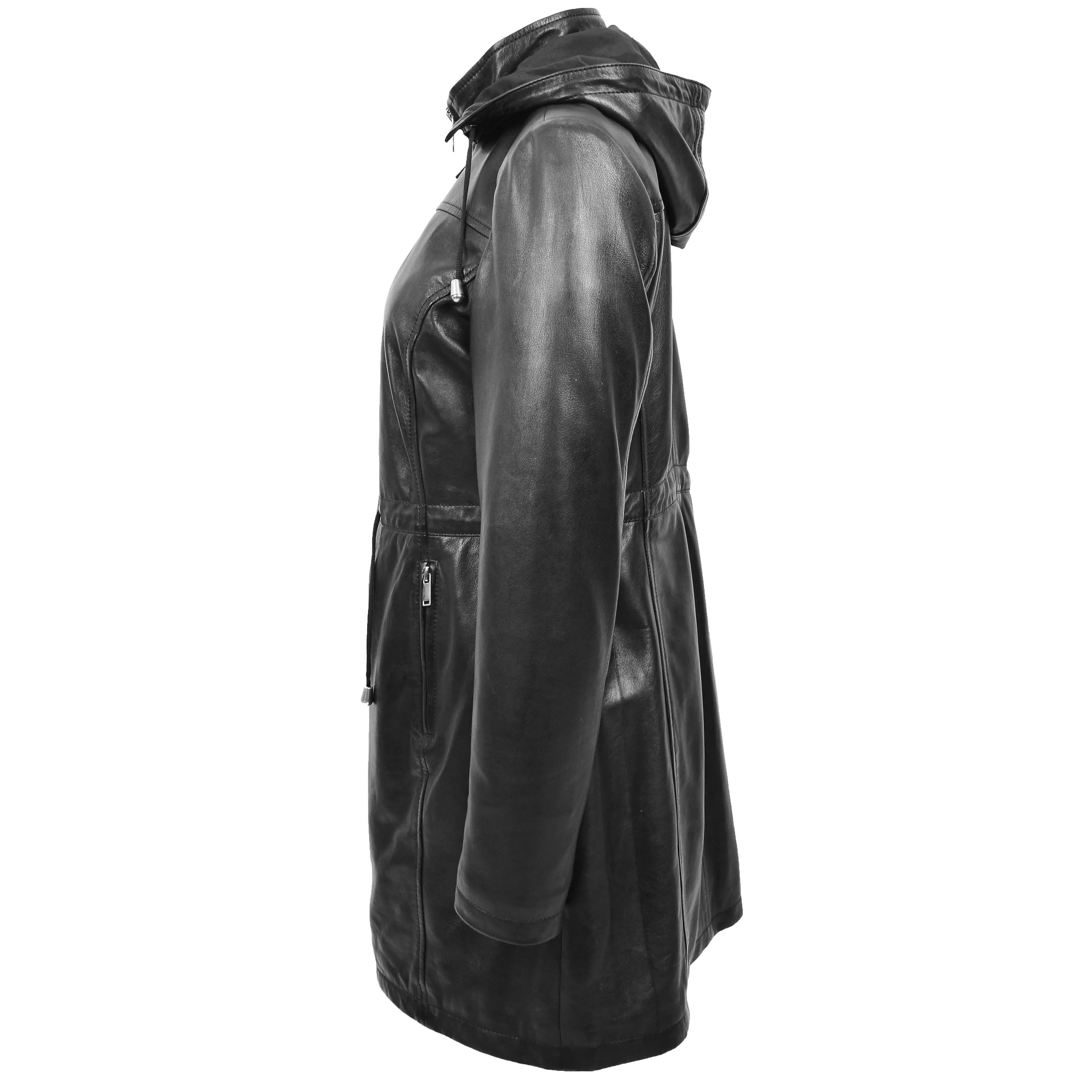 Womens Real Leather Hooded Parka Coat Tyra Black